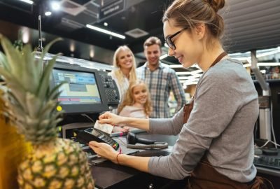 Happy family paying for their groceries with a credit card while standing at cash desk at the supermarket